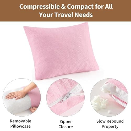 PEUJEW Small Shredded Memory Foam Pillow, Camping Pillow Travel Pillow - Compressible Medium Firm, Breathable Cover, Ideal Backpacking Hiking, Airplane and Car (Apricot Pink, M) thumbnail 5