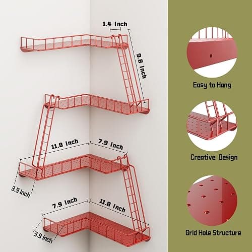 WOPITMER Fire Escape Wall Shelf - Modern City Style 4-Tier Corner Wall Shelves, Easy to Install Metal Ladder Shelf for Figures, New York Decorative Shelves for Bathroom, Living Room & Home Decor, Red thumbnail 3