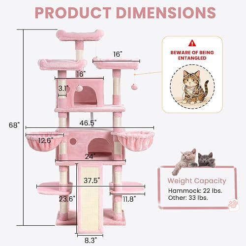 SHA CERLIN 68 Inches Multi-Level Large Cat Tree for Large Kitties/Big Cat Tower with Condo/Cozy Plush ‌Pussycat Perches/Sisal Scratching Posts and Hammocks/Activity Center/Pink thumbnail 7