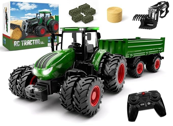 Remote Control Tractor Toy with Trailer | Metal Front Loader Farm Vehicle Set with Lights & 8-Wheel Design, RC Tractor Truck for Boys & Girls Ages 3-9, Fun Farm Toy Gift for Toddlers & Kids - Image 1