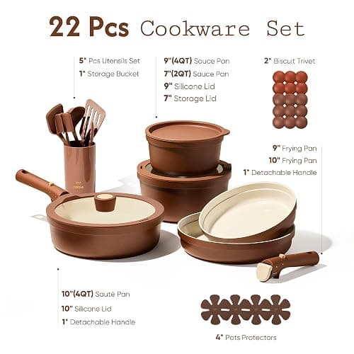 CAROTE 22Pcs Ceramic Cookware Set, Pots and Pans Set Non Stick Removable Handles, Non Toxic Cookware Oven/Dishwasher Safe, Induction Cookware, Gift Set, NonStick Cookware Set with Kitchen Essentials thumbnail 7