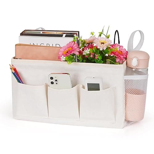 Lilithye Bedside Caddy Bedside Organizer Bedside Storage Caddy with Fixed Straps and Water Bottle Holder for Home College Dorm Bunk Bed Hospital Bed Crib Bed Rails (White) - White - Image 1