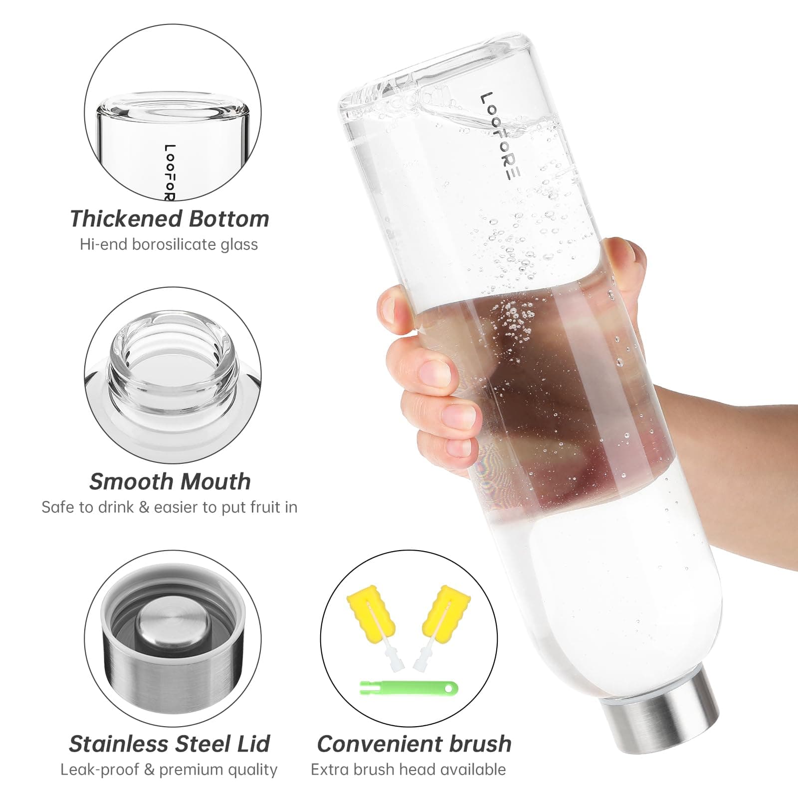 1L/1000ml Classic Glass Drinking Bottle, Portable, BPA Free, On The Go Sports Bottle, Glass, Water Bottle For Carrying Cold Hot Drinks With Neoprene Bag And Sponge Brush thumbnail 2