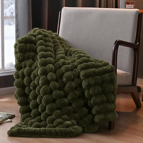 David's Home Double-Sided Faux Rabbit Fur Throw Blanket Twin Size, Reversible Luxury Soft Thick Shaggy Warm Fuzzy Bubble for Couch,Cozy Plush Fluffy for Fall Winter,Winter Moss,60 "* 80" - Image 1
