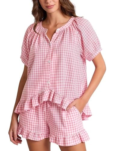 Flygo Womens Gingham Pajamas Set 2 Piece Cotton Pj Lounge Sets Puff Sleeve Ruffle Babydoll Shirt Shorts Summer Outfits - Image 1