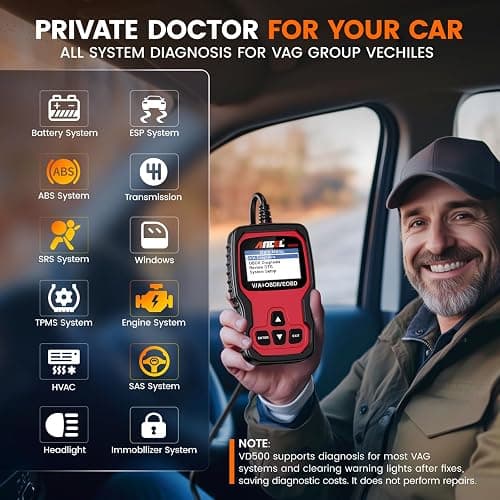 ANCEL VD500 OBD2 Scanner Diagnostic Tool for Volkswagen VW Audi Skoda Seat Diagnosis Check Engine Light EPB ABS SRS Code Reader Oil Throttle Position Adaption Brake Pad Reset thumbnail 2