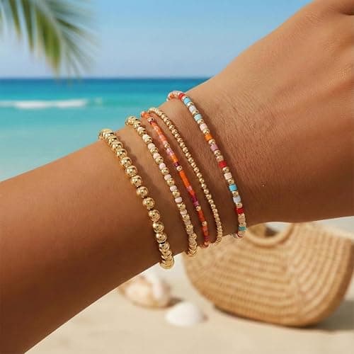 Winerbalaa Gold Beaded Colorful Bracelet Stack for Women,Handamde Bohemian Stretch Seed Beads Stackable Bracelets Fashion Holiday Party Accessories Jewelry Gift Friendship thumbnail 2