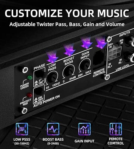 UPWINGSPIRAL 1200W 10" Car Subwoofer, Slim Under Seat Powered Subwoofer and Amp Package with RGB Light, Individual Control for Low Pass/Gain/Boost Bass, Deep Bass Perfect for Truck/SUV/Jeep/MPV thumbnail 4