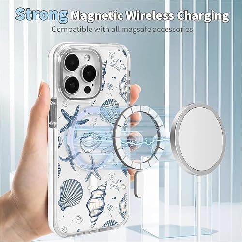 Punmada Compatible with iPhone 13 Pro Max Case for MagSafe, Clear White with Ocean Shells Design Drop Proof Rugged Magnetic Charge Shockproof for iPhone 13 Pro Max thumbnail 6