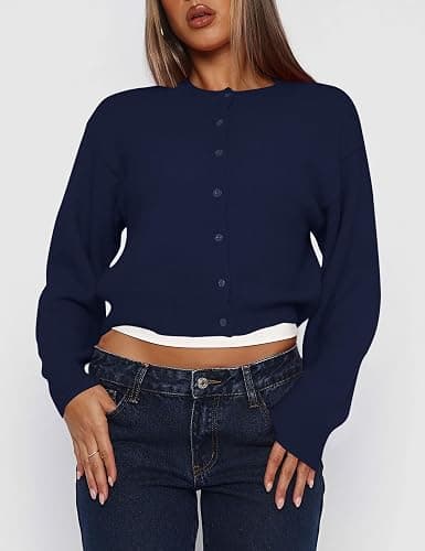 Kistore Womens Cropped Cardigan Sweaters Crew Neck Long Sleeve Button Up Sweaters Lightweight Knit Trendy Sweaters 2025 thumbnail 2