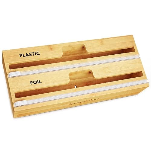 SpaceAid WrapNeat 2 in 1 Wrap Organizer with Cutter and Labels, Plastic Wrap, Aluminum Foil and Wax Bamboo Dispenser for Kitchen Storage Organization Holder for 12" Roll (Natural, 2-Slot) - Image 1