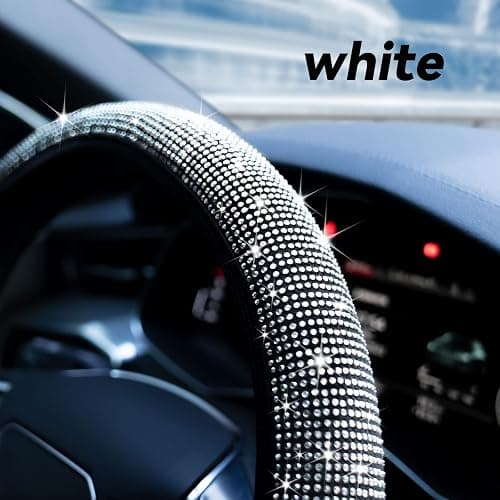 Limsas Bling Rhinestone Steering Wheel Cover with Crystal Diamond for Women, Sparkling Car Wheel Protector Universal Fit 14-15 inches - White thumbnail 3