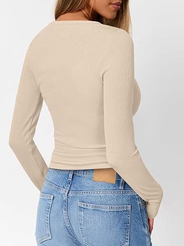 Trendy Queen Womens Long Sleeve Shirts 2025 Henley Casual Fall Outfits Fitted Tops Ribbed Fashion Basic Tees thumbnail 4