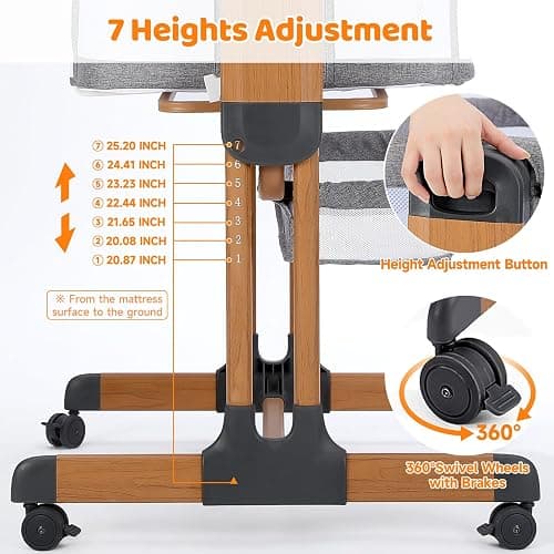 Ezebaby 3-in-1 Baby Bassinet, Rocking Baby Bassinets Bedside Sleeper, Adjustable Portable Crib for Newborn Infant with Wheels Storage Basket and Mesh Sides thumbnail 9