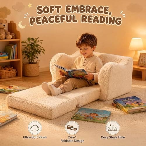 MOMCAYWEX Kids Sofa Chair, 2-in-1 Foldable Couch, Sherpa, Cream | Fold-Out Sofa Furniture, Removable Washable Soft Cover, Lightweight, Reading Playing Comfy Convertible Chair, Boys Girls thumbnail 4