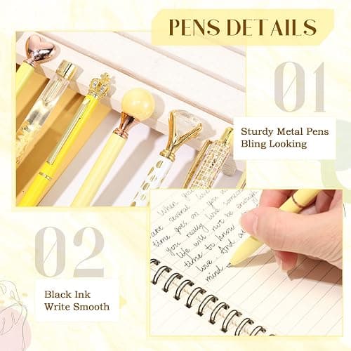 Janmini 9 Pcs Ballpoint Pens Set Metal Crystal Diamond Glitter Pens for Journaling Black Ink Pretty Cute Things Fancy Stationery Gifts for Women Girls Birthday Home Office Desk(Yellow) thumbnail 4