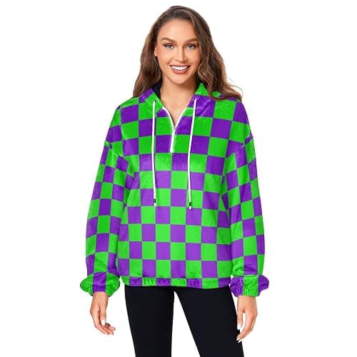UMIRIKO Purple and Green Buffalo Checkered Womens Sweatshirts Fuzzy Fleece Hoodies Fluffy Coat Zipper Pullover with Pockets S - Image 1
