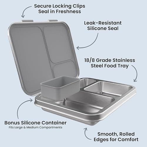 Bentgo Kids Stainless Steel Leak-Resistant Lunch Box, 3 Compartments | Bonus Silicone Container, PFAS & BPA-Free, Odor-Resistant, Dishwasher Safe, Ages 3+ (Silver) thumbnail 5