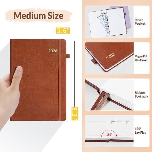 SUNEE 2026 Weekly & Monthly Hardcover Planner 5.5" x 8.3" - 12 Month (January 2026 - December 2026), Small Hardcover Planner, Pocket, Notes, 100 GSM Paper, Brown thumbnail 5