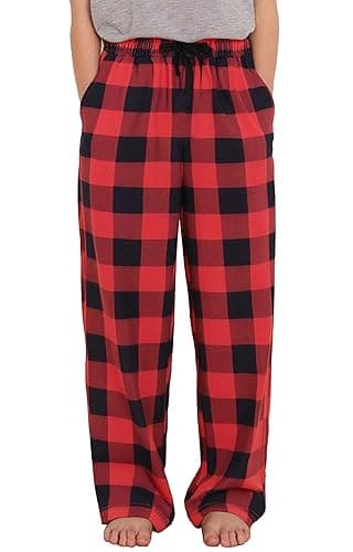 PATPAT Unisex Kids Plaid Pajama Pants – Soft Lounge Sleep Bottoms with Elastic Waist and Pockets, Ages 5–14 Years - Black/Red Buffalo Plaid - 9-10 Years