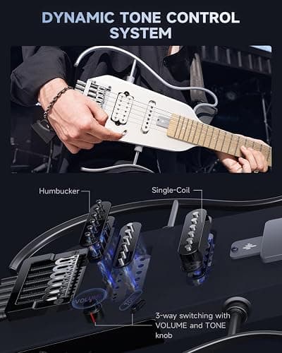 Donner HUSH-X Electric Guitar Kit - Featherlight Travel Guitar with Easy Assemble Stands, Great for Travel and Practice, Mahogany Solid Body, Gig Bag, All Accessories, Metallic White thumbnail 6