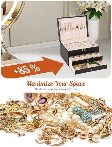 SYCARON Large Jewelry Box Organizer for Women Girls, 3 Layers PU Leather Jewelry Storage Case with Lock for Women and Girls Necklace Bracelets Earrings Rings Organizer, Black thumbnail 4