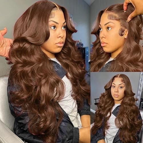 METDIO 26Inch Chocolate Brown 13x6 Body Wave Lace Front Wigs Human Hair Pre Plucked With Baby Hair 180 Density 4# Colored Brown HD Lace Frontal Wigs for Women thumbnail 5