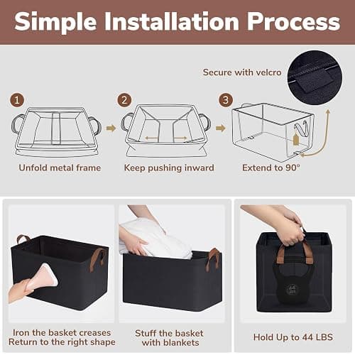 Goodpick Large Fabric Storage Baskets for Shelves, Storage Bins for Organizing, Cloth Baskets for Organizing, Black Storage Basket , 16.75" L x 11" W x 9.75" H, 2-Pack thumbnail 5