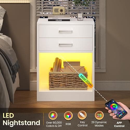 ADORNEVE LED Nightstands Set of 2,Night Stands for Bedrooms Set of 2,Nightstand with Charging Station and LED Lights,White Bedside Table with Power Outlets & Drawers,Modern End Side Table - White thumbnail 3
