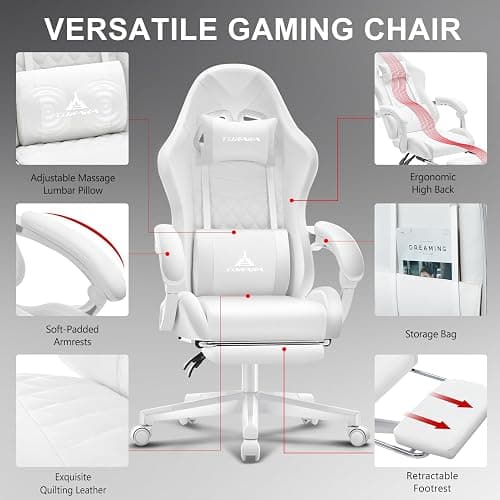 TUKAKA White Gaming Chair,Ergonomic Massage Computer Office Desk Chair with Footrest,Pocket Spring Cushion,Reclining Leather Adjustable Gamer Chair with Headrest and Lumbar Support,White thumbnail 5