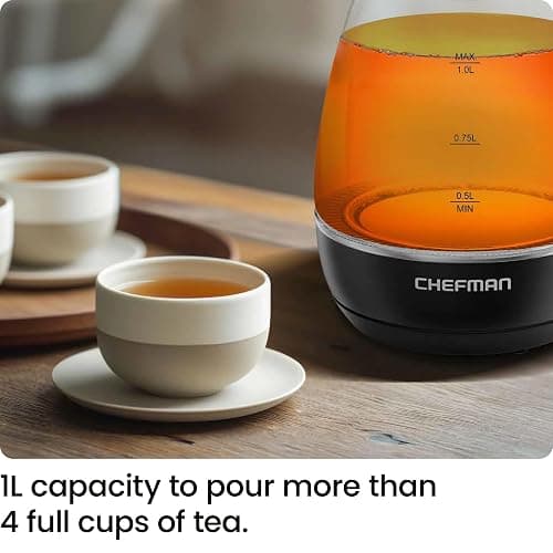 Chefman Electric Kettle with Tea Infuser, Compact 1L (4 Cups), 1500W, Removable Lid for Easy Cleaning, Boil-Dry Protection, Stainless Steel Filter, BPA Free, Auto Shut Off, Small Electric Tea Kettle thumbnail 2