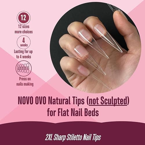 NOVO OVO Halloween XXL Straight Sharp Stiletto Natural Nail Tips Press on (not Sculpted), Normal Thick Extra Long Soak Off Soft Gel Fake Nail Extension, Full Cover False Nails for 12 Sizes 240 pcs thumbnail 2