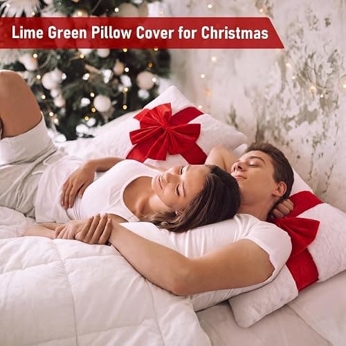 Meanplan 2 Pcs Christmas Red Bow Throw Pillow Covers 18x18 Inch Xmas Decor | Soft Fluffy Plush Throw White Pillowcases with Red Velvet Bow, Faux Fur Xmas Gifts for Couch Holiday Sofa Cushion Decoration thumbnail 7