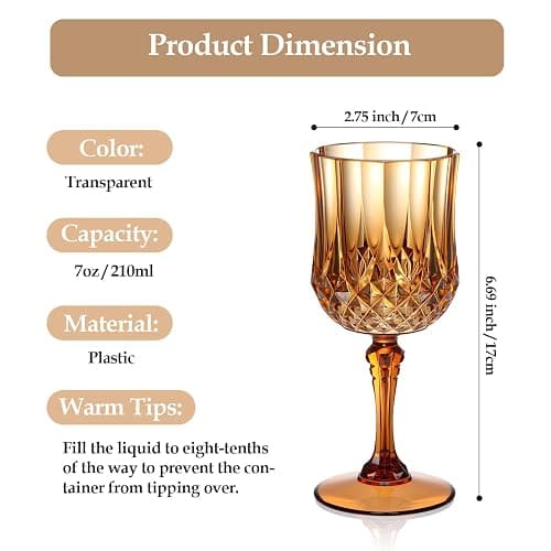 XUWAIDSGN 24Pcs Plastic Vintage Wine Glasses 7oz Reusable Embossed Goblet Glasses Pink Retro Wine Glassware Unbreakable Stemmed Champagne Water Cups for Wine Cocktail Juice Wedding (24, Brown) thumbnail 3