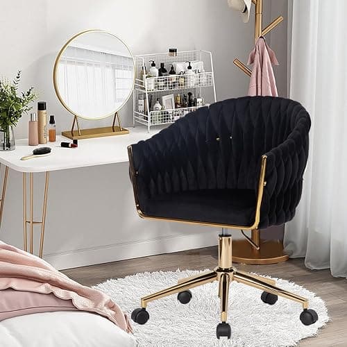 Comermax Velvet Office Chair with Hand Woven, Black Vanity Chairs with Golden Wheels, 360° Swivel Home Office Desk Chair Computer Chairs, Accent Chair Makeup Chair for Bedroom, Living Room(Black) thumbnail 8