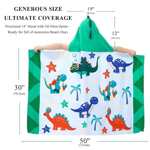 UOMNY Kids Beach Towels,Hooded Towels,Kids Hooded Bath Towel 30" x 50" | Kids Hooded Bath Towel 30" x 50" for 3-10 Years,Pool Ponchos for Kids with Hood,Boys Beach Towel,Green Dinosaur thumbnail 3