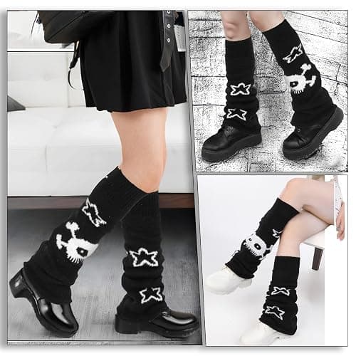 Nogeqi Star Black Leg Warmers for Girls,Skelanimals Leg Warmers Y2k,Gothic Skull Print Legwarmers,Wear Both Sides Kawaii Legs Warmer Fluffy,Gothic Accessory for Women and Girl (Double-Sided) thumbnail 7