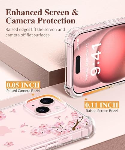GVIEWIN for iPhone 15 Case Floral, with Screen Protector&Camera Lens Protector,[Non Yellowing] Soft Shockproof Clear Phone Protective Cover for Women, Flower Pattern Design 6.1" (Sakura/Pink) thumbnail 5