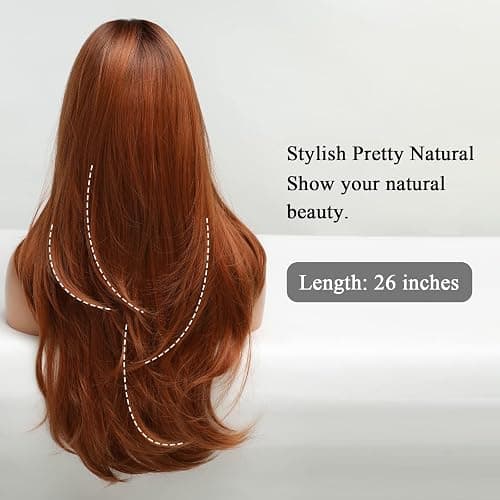HAIRCUBE Long Auburn Wig with Bangs Layered Curly Orange Wigs for Women Natural Synthetic Wigs for Daily Use (pelucas de cabello natural) thumbnail 4