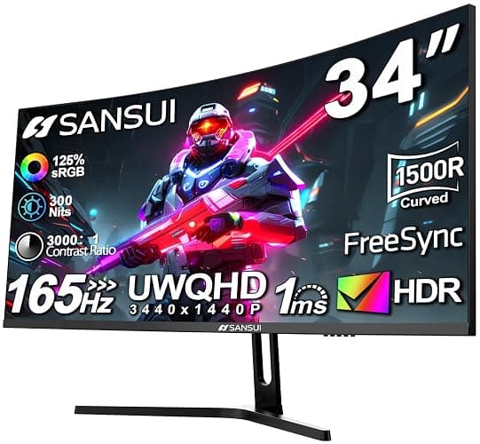 SANSUI 34-Inch Curved Gaming Monitor UWQHD 3440 x 1440 Up to 165Hz Curved 1500R - PIP/PBP, 1ms(MPRT), HDR, 300nits, sRGB 125%, DCI-P3 95%,FreeSync,HDMIx2,DP1.4x2 (DP Cable Included) - Image 1