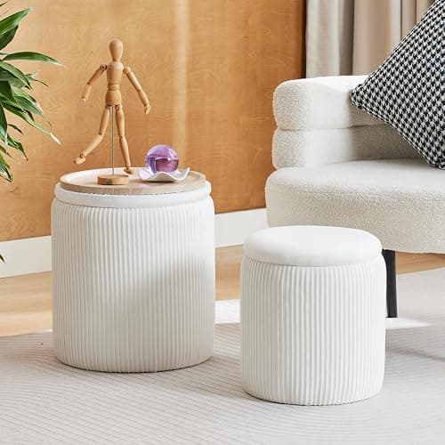 BLEXA Round Ottoman with Storage Set of 2-Upholstered Velvet Vanity Stool for MakeupMultifunctional Ottomans Coffee Table Padded Seat Foot Rest for Living Room&Bedroom(White-Upgrade Tray Lid) thumbnail 6