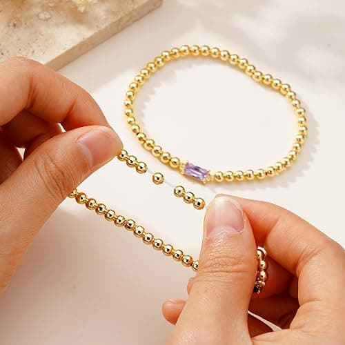 Yoosteel Dainty Birthstone Bracelet for Women - Elastic 14K-Gold-Plated Bead Bracelets Trendy Friendship Birthday Jewelry Gifts Christmas Stocking Stuffer for Women thumbnail 4
