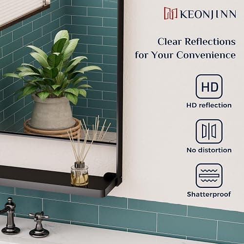 Keonjinn 18x28 Inch Black Bathroom Mirror with Shelf, Rectangle Metal Bathroom Vanity Mirror with Storage, Black Rounded Corner Wall Mounted Bathroom Mirrors for Over Sink Bedroom Entryway - 28"L x 18"W - Black thumbnail 6