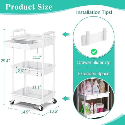 SUNALLY 3 Tier Rolling Cart with Drawer, Bathroom Storage Organizer with 2 Lockable Wheels, Multifunctional Rolling Storage Cart for Bathroom, Kitchen, Office, Craft, Makeup, Baby Essentials, White thumbnail 3
