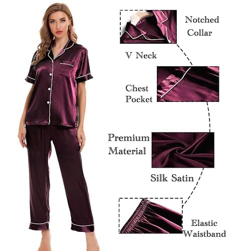 SWOMOG Womens Silk Satin Pajamas Sets 4pcs Sleepwear Sexy Cami Shorts Set and Button Down Short Sleeve Pjs Loungewear thumbnail 4