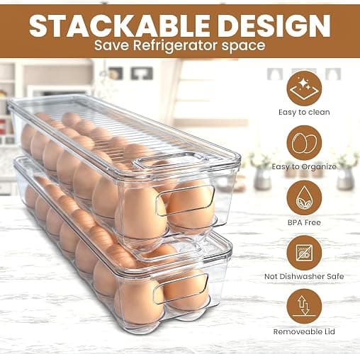 KICHLY Pack of 1 - Egg storage for fridge - Egg Holder for Fridge - 14 Egg Container With Lid & Handle, Egg Container For Refrigerator, Stackable Plastic Egg Tray with Lids (Clear) thumbnail 4