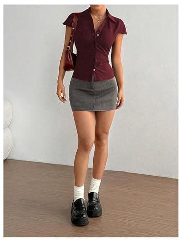 SweatyRocks Women's Ruched Button Down Shirt Short Sleeve Tie Back Fitted Blouses thumbnail 5