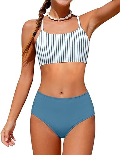 Boiltcat Girls Swimsuit High Waisted Contrast Striped 3 Piece Bathing Suit Bikini with Cover Up 9-16 Years - Image 1