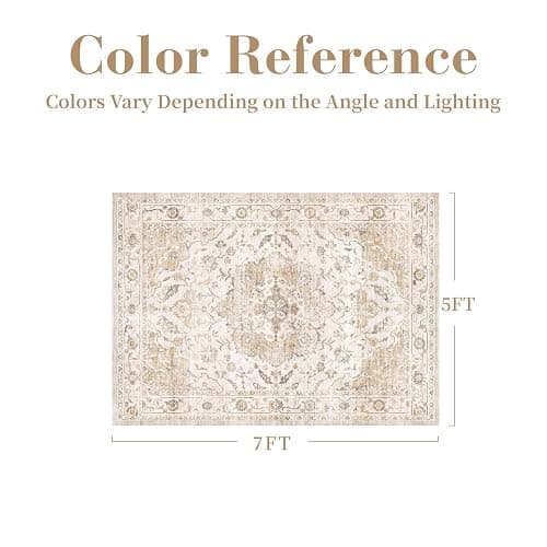 Resare 5x7 Area Rug, Washable Rugs for Living Room, Beige Rug for Bedroom Non Slip Vintage Floral Carpet for Dining Room Playroom Office thumbnail 2