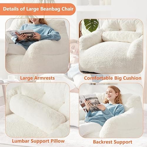 EBENCHICO Bean Bag Chair for Adults with Pillow,Oversized Bean Bag Couch for Adults and Kids,Giant Lazy Couch Sofa Chairs with Filler,Large Reading Chair for Living Room Bedroom,White thumbnail 6